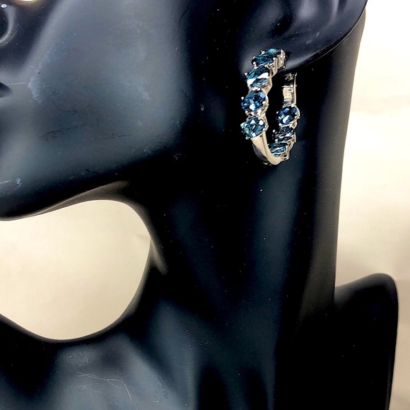 Blue Spinel Hoop Earrings & Ring Set Sz 8 Electroplated Rhodium Sterling Silver - Picture 12 of 17